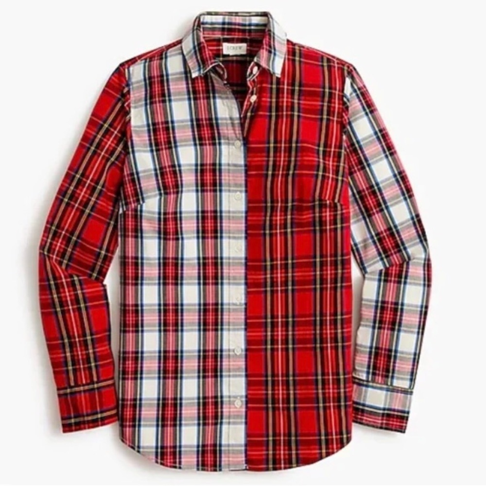 NWT J.Crew Factory Mixed Tartan Plaid Button Down Shirt Holiday Red Petite Small